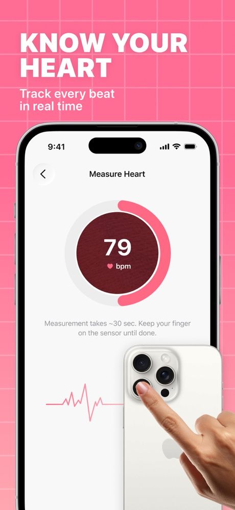 PulseSense screen measuring heart rate through the camera